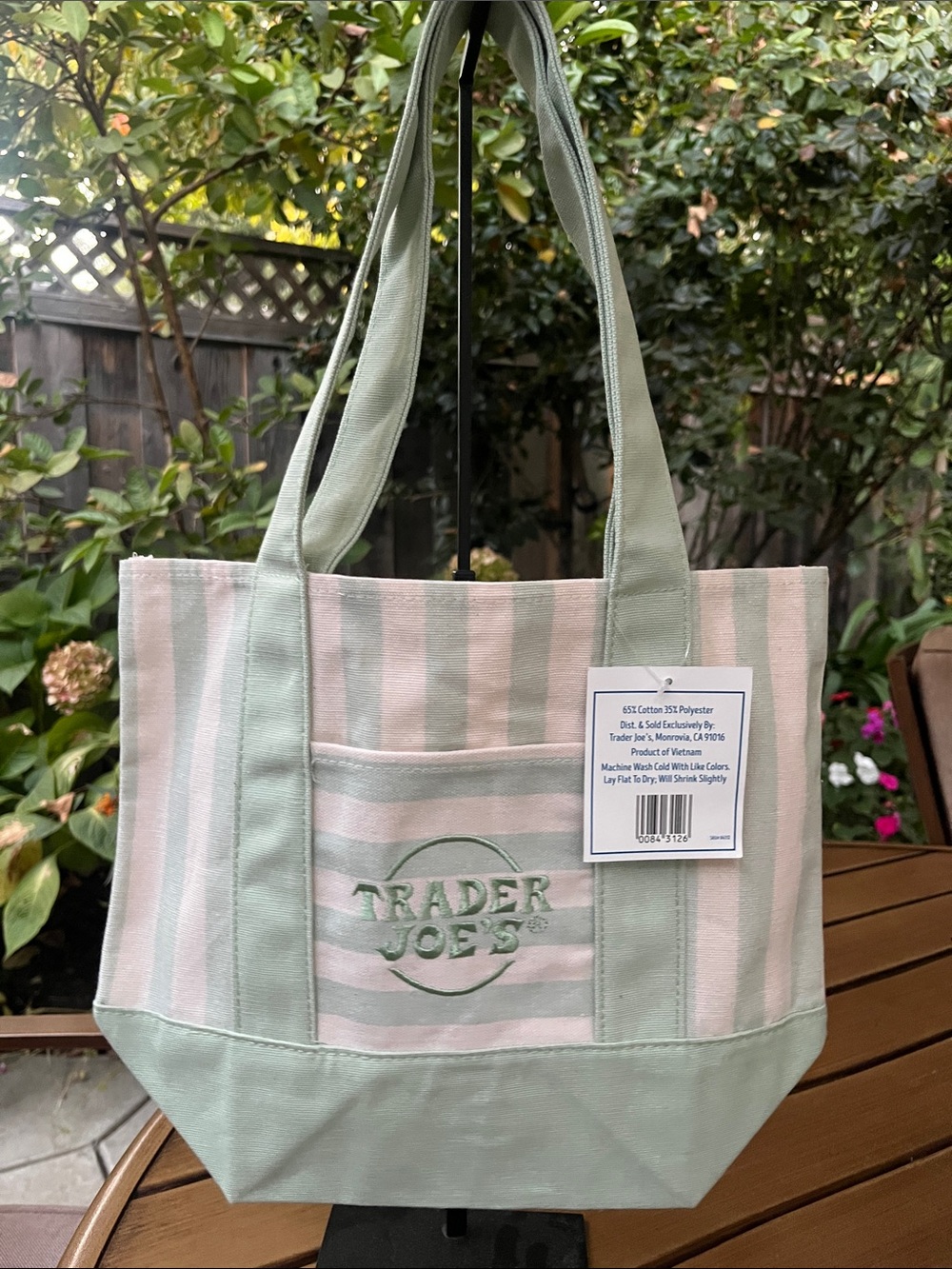 Trader Joe's Pink and Light Green Mini Striped Canvas Tote